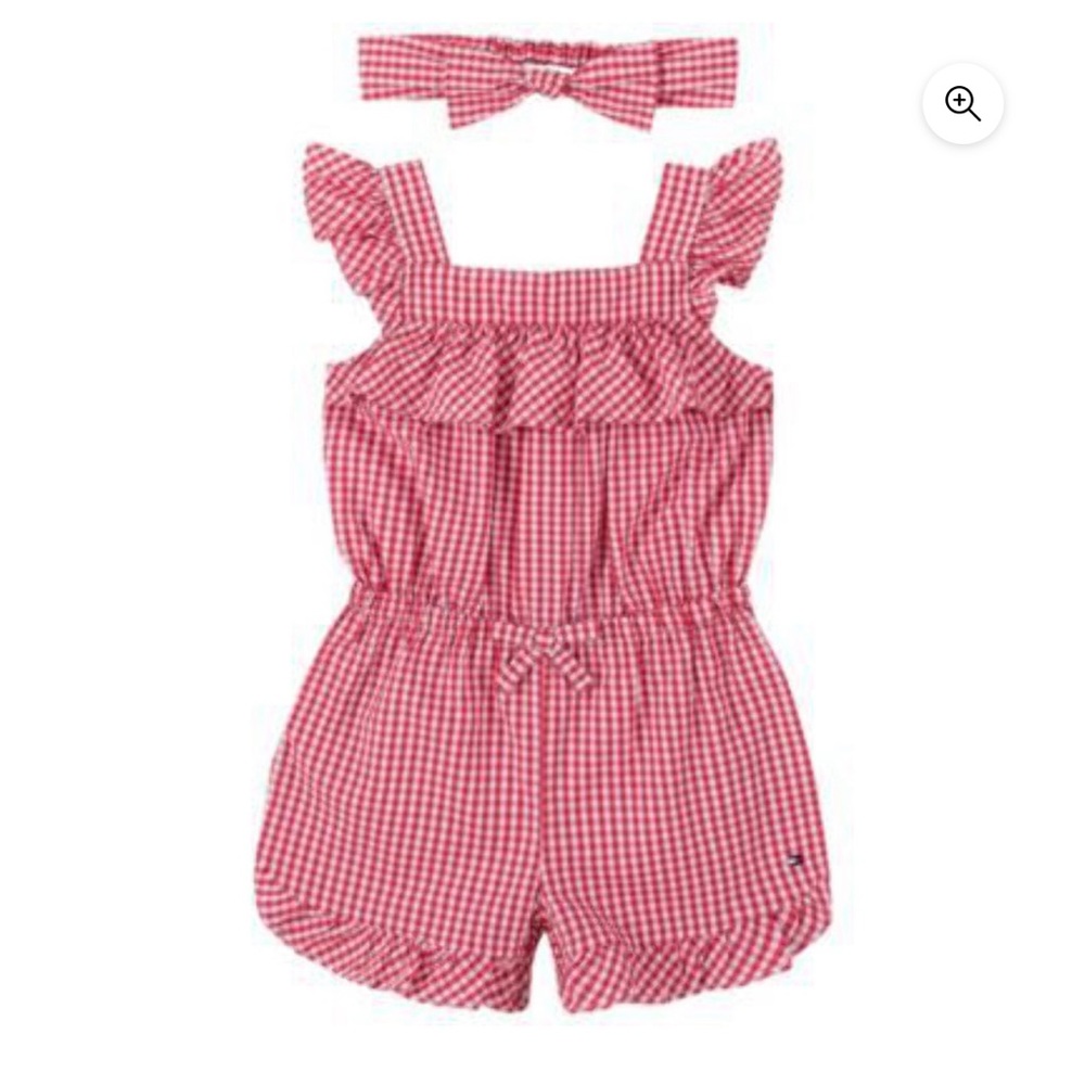 Tommy Hilfiger Baby Girl Gingham Sunsuit Shorts And Headband romper Red White 6M